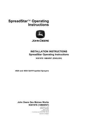 John Deere 4920 and 4930 Self-Propelled Sprayers SpreadStar™ Operator’s Manual Instant Download (Publication No. N301978