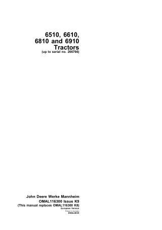 John Deere 6510 6610 6810 and 6910 Tractors (Serial No.266766) Operator’s Manual Instant Download (Publication No.omal11