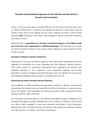 The Role of Recruitment Agencies in the UAE Oil and Gas Sector's Growth and Innovation