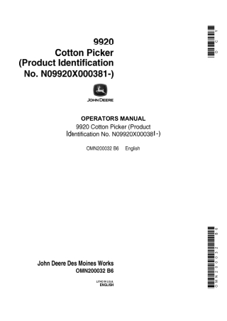 John Deere 9920 Cotton Picker (Product Identification No.N09920X000381-) Operator’s Manual Instant Download (Publication