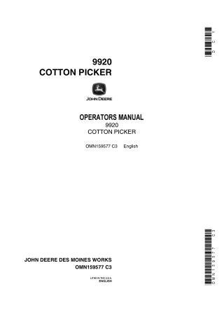 John Deere 9920 Cotton Picker Operator’s Manual Instant Download (Publication No. omn159577)