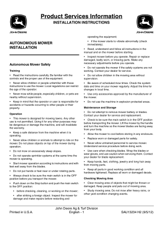 John Deere Autonomous Mower Operator’s Manual Instant Download (Publication No. SAU13234)