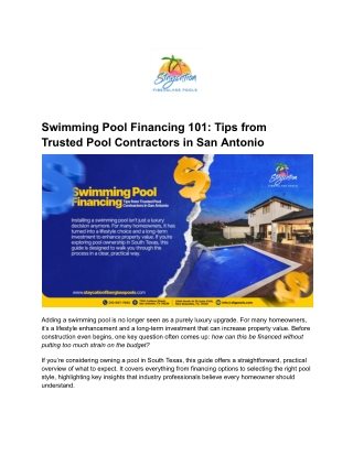 Swimming Pool Financing 101- Tips from Trusted Pool Contractors in San Antonio