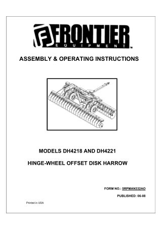 John Deere Frontier DH4218 DH4221 Hinge-Wheel Offset Disk Harrows Operator’s Manual Instant Download (Publication No. 5R