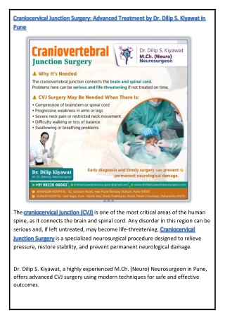 Craniocervical Junction Surgery Advanced Treatment by Dr. Dilip S. Kiyawat in Pune