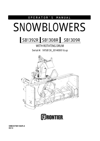 John Deere Frontier SB1392R SB1308R SB1309R Snowblowers (Serial No1XFSB13X-E0140001& UP) Operator’s Manual Instant Downl