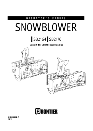 John Deere Frontier SB2164 SB2176 Snowblower (Serial No1XFSB21X100058 and up) Operator’s Manual Instant Download (Public