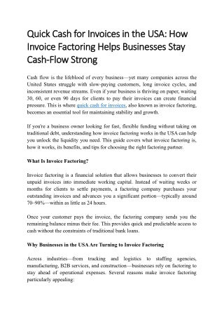 Quick Cash for Invoices in the USA How Invoice Factoring Helps Businesses Stay Cash-Flow Strong