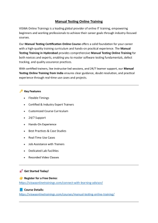 Manual Testing Online Training Real-time support from Hyderabad