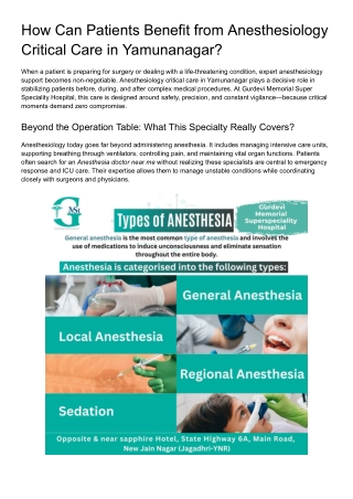 How Can Patients Benefit from Anesthesiology Critical Care in Yamunanagar?