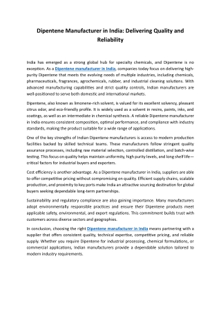 Dipentene Manufacturer in India Delivering Quality and Reliability