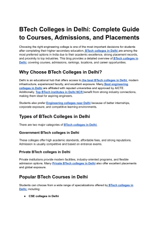 BTech Colleges in Delhi: Complete Guide to Courses, Admissions, and Placements