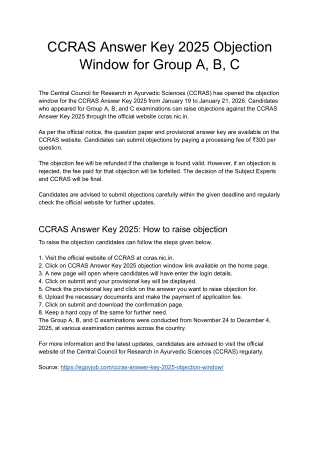 CCRAS Answer Key 2025 Objection Window for Group A, B, C
