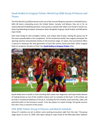 Saudi Arabia Vs Uruguay Tickets World Cup 2026 Group H Fixtures and Teams