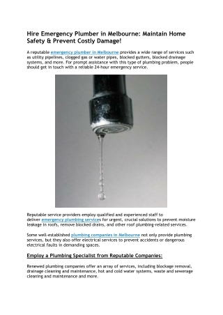 Hire Emergency Plumber in Melbourne - Maintain Home Safety & Prevent Costly Damage