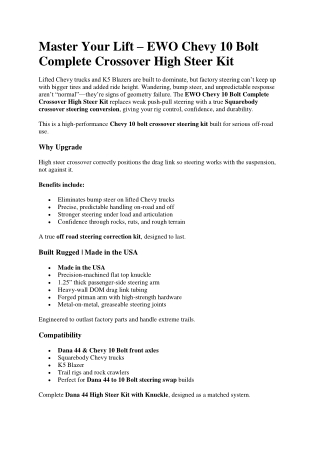 Master Your Lift – EWO Chevy 10 Bolt Complete Crossover High Steer Kit