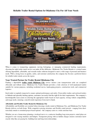 Reliable Trailer Rental Options In Oklahoma City For All Your Needs
