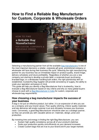 How to Find a Reliable Bag Manufacturer for Custom, Corporate & Wholesale Orders