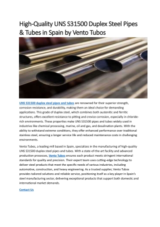 High-Quality UNS S31500 Duplex Steel Pipes & Tubes in Spain by Vento Tubos