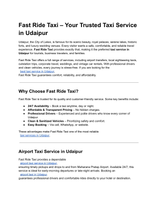 Your Trusted Taxi Service in Udaipur