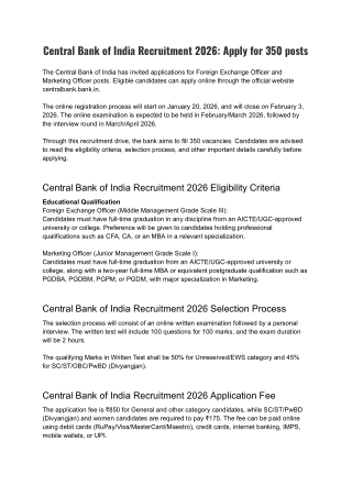 Central Bank of India Recruitment 2026 Apply for 350 posts