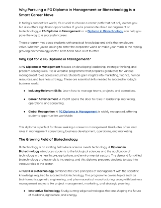 Why Pursuing a PG Diploma in Management or Biotechnology is a Smart Career Move