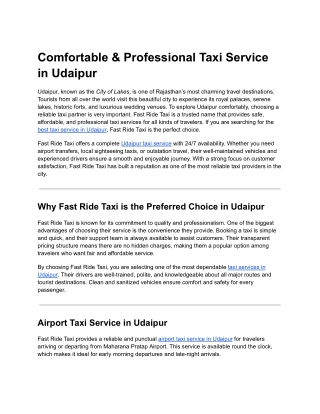 Comfortable & Professional Taxi Service in Udaipur