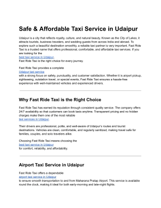 Safe & Affordable Taxi Service in Udaipur