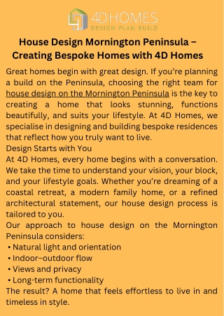 House Design Mornington Peninsula – Creating Bespoke Homes with 4D Homes