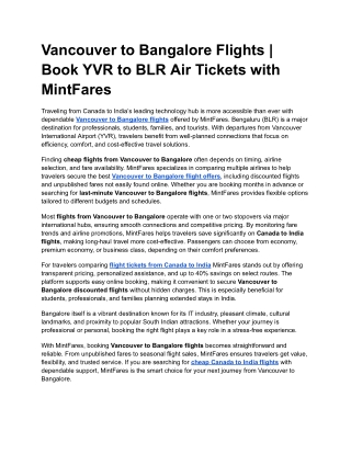 Vancouver to Bangalore Travel Deals – Book Smart with MintFares