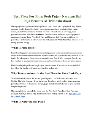 Best Place For Pitra Dosh Puja – Narayan Bali Puja Benefits At Trimbakeshwar