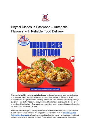 Biryani Dishes in Eastwood – Authentic Flavours with Reliable Food Delivery