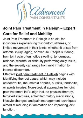 Joint Pain Treatment in Raleigh – Causes, Symptoms, and Care Options