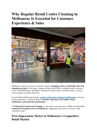 Why Regular Retail Centre Cleaning in Melbourne Is Essential for Customer Experience & Sales