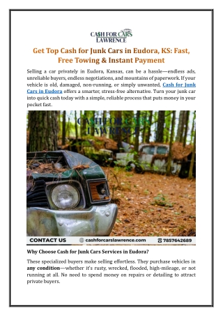Get Top Cash for Junk Cars in Eudora, KS Fast, Free Towing
