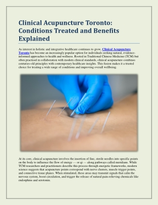 Clinical Acupuncture Toronto: Conditions Treated and Benefits Explained