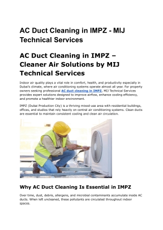 AC Duct Cleaning in IMPZ - MIJ Technical Services
