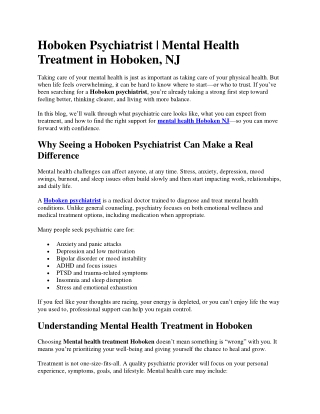 Hoboken Psychiatrist  Mental Health Treatment in Hoboken, NJ