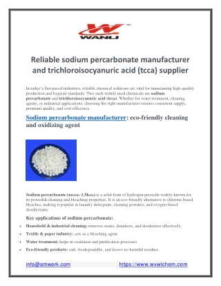 Reliable sodium percarbonate manufacturer and trichloroisocyanuric acid (tcca) s