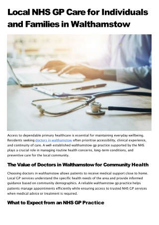 Local NHS GP Care for Individuals and Families in Walthamstow