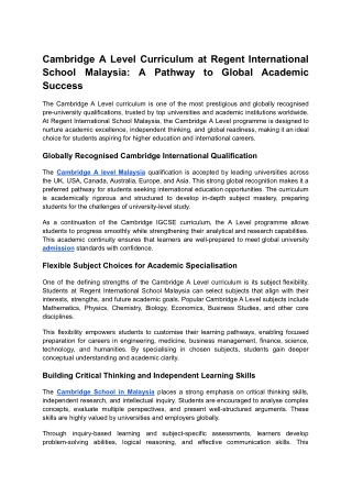 Cambridge A Level Curriculum at Regent International School Malaysia_ A Pathway to Global Academic Success