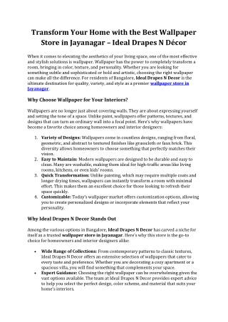 Transform Your Home with the Best Wallpaper Store in Jayanagar – Ideal Drapes N