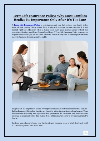 Term Life Insurance Policy- Why Most Families Realize Its Importance Only After It’s Too Late