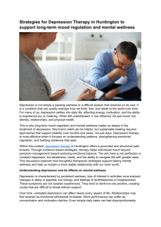 Strategies for Depression Therapy in Huntington to support long-term mood regulation and mental wellness