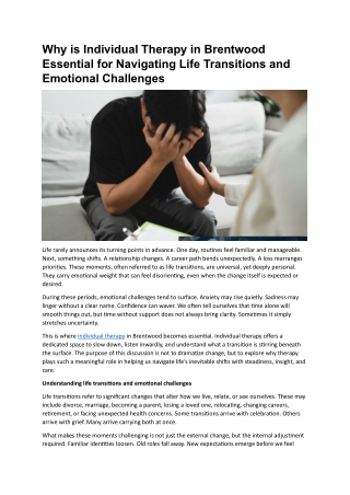 Why is Individual Therapy in Brentwood Essential for Navigating Life Transitions and Emotional Challenges