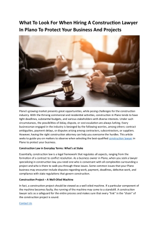 What To Look For When Hiring A Construction Lawyer In Plano To Protect Your Business And Projects