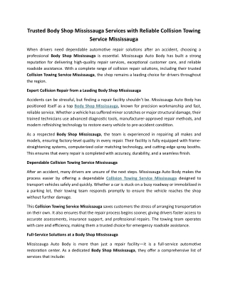 Trusted Body Shop Mississauga Services with Reliable Collision Towing Service Mississauga