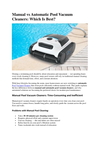 Manual vs Automatic Pool Vacuum Cleaners
