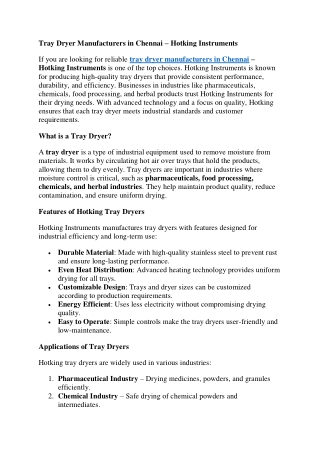 Tray Dryer Manufacturers in Chennai