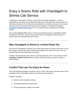Enjoy a Scenic Ride with Chandigarh to Shimla Cab Service